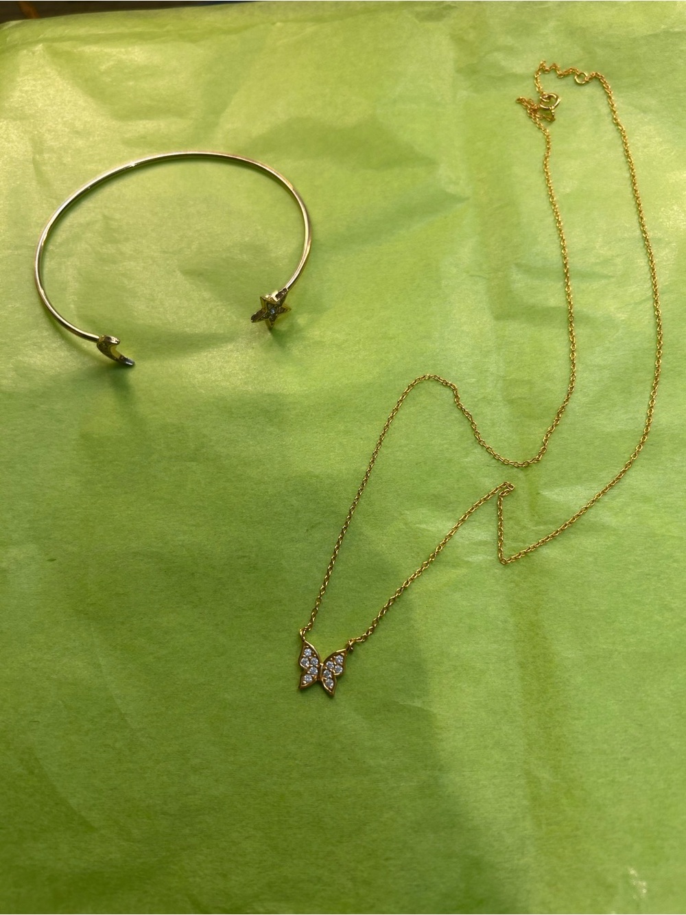 Gold Butterfly Pendant Necklace and Star/Moon Bracelet